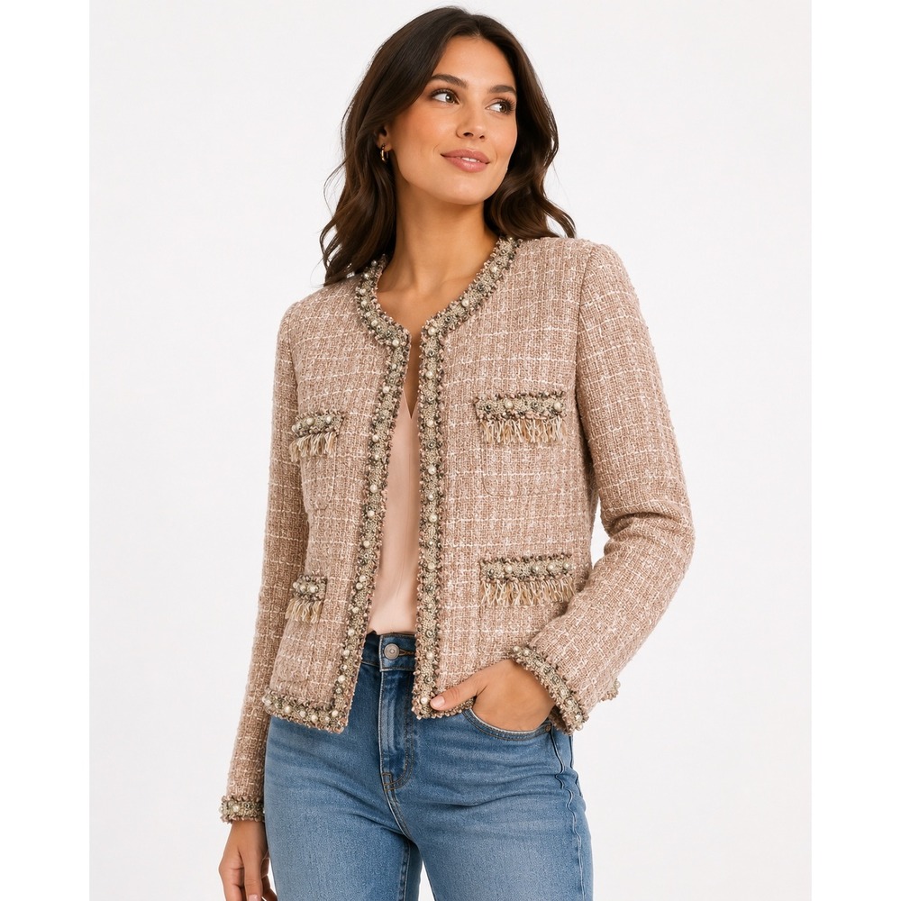Stella + Lorenzo Pink Tweed Embellished Pearl Rhinestone Jacket Blazer Small
